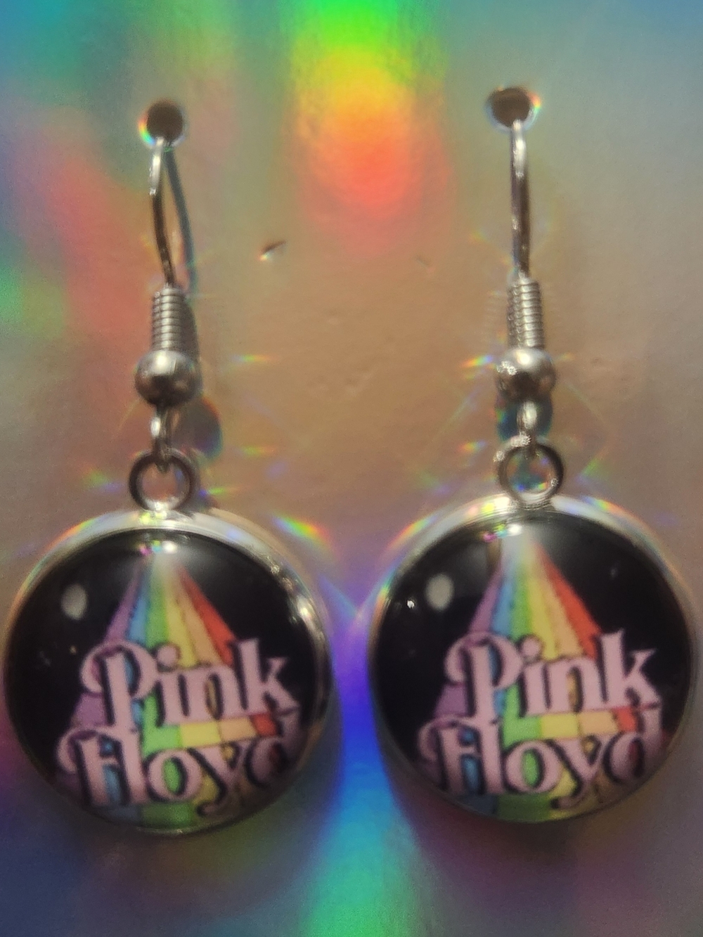 Pink Floyd Earrings with Rainbow Prism Graphic